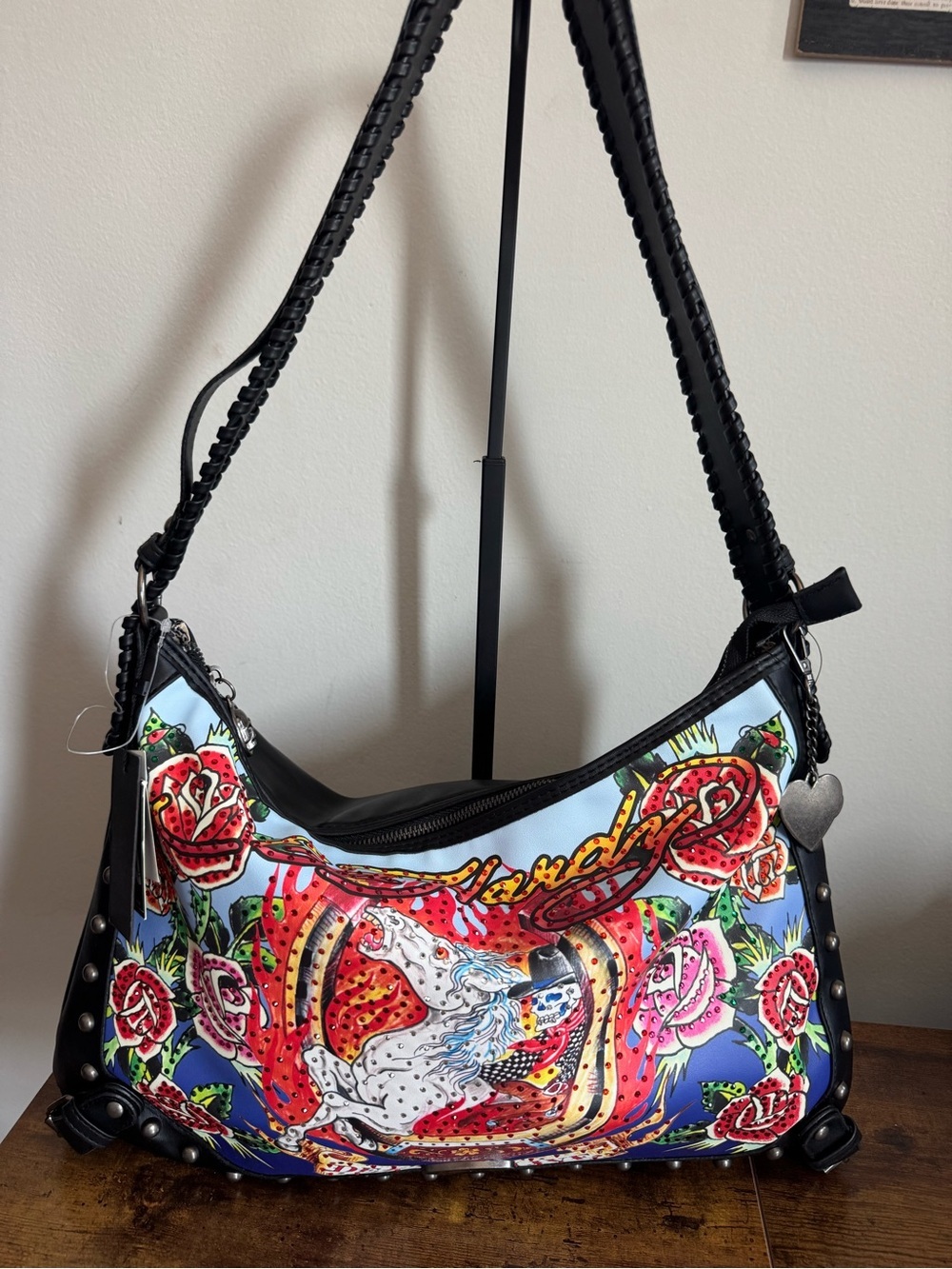 Ed Hardy Black Strap Multicolor Floral & Horse Shoulder Bag